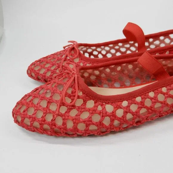 Loeffler Randall Leonie Mary Jane Ballet Flats Size 8 Red Raffia Mesh Bow NEW - Picture 9 of 16